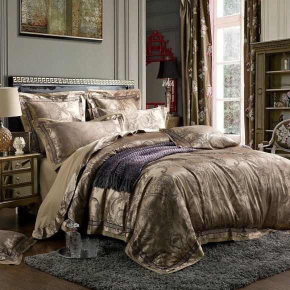 Classic Taupe Brown Jacquard with Rustic Western Pop Paisley Print Shabby Chic Full, Queen Size Unique Adults Bedding Sets