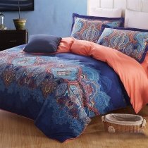 Exotic Dark Blue Coral and Brown Bohemian Baroque Style Pop Western Paisley and Tribal Print Adults Full, Queen Size Cotton Bedding Sets