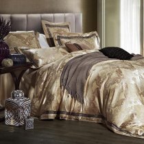 Champagne Gold and Khaki Brown Rococo Pattern with Western Floral and Tribal Print Full, Queen Size Luxury Jacquard Satin Bedding Sets