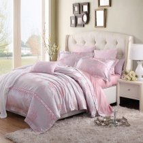 Girls Pink and Silver-white Vintage Rose Flower Print with Cute Ruffle Girly Girls Luxury Jacquard Full, Queen Size Bedding Sets