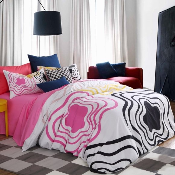 Fashion Hot Pink Black and White Hippie Style Abstract Curve Print Fantasy Teen Girls Full, Queen Size Luxury Cotton Bedding Sets