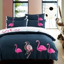 Hot Pink White and Dark Blue Tropical Animal Themed Fun Flamingo Print Teen Girls Embroidered Full, Queen Size Cotton Bedding Sets