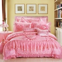 Sophisticated Romantic Pale Pink Rose and Heart Pattern with Victorian Lace and Ruched Elegant Girls Full, Queen Size Jacquard Bedding Sets