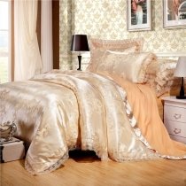 Metallic Gold and Camel Scroll Pattern Retro Style Shabby Chic Sexy Lace Edge Jacquard Satin Full, Queen Size Bedding Sets