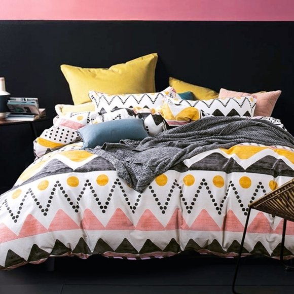Stylish Coral Yellow Black and White Chevron Stripe Print Southwestern Style Twin, Full Size Bedding Sets