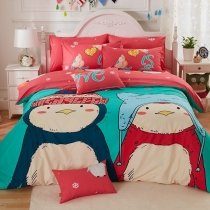 Personalized Coral Red Beige Turquoise and Dark Teal Penguin Print Cartoon Character Cute Kids 100% Cotton Full, Queen Size Bedding Sets