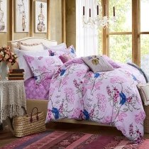 Pastel Hot Pink Green White and Cobalt Blue Tropical Floral Cherry Blossom and Dragonfly Print Full, Queen Size Cotton Bedding Sets