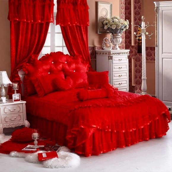 Sophisticated Elegant Crimson Red Vintage Romantic Victorian Lace Frilly Girly Girls Princess Twin, Full, Queen Size Bedding Sets