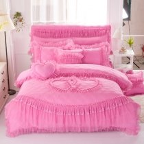 Sophisticated Elegant Solid Hot Pink Quilted Heart Frilly Ruffle Vintage Victorian Lace Girly Girls Cotton Full, Queen Size Bedding Sets