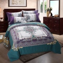 Dark Teal Eggplant Purple and Beige BOHO Style Moroccan Pattern Western Themed Full, Queen Size Bedding Sets