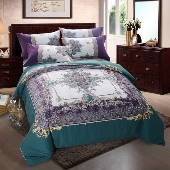 Dark Teal Eggplant Purple and Beige BOHO Style Moroccan Pattern Western Themed Full, Queen Size Bedding Sets