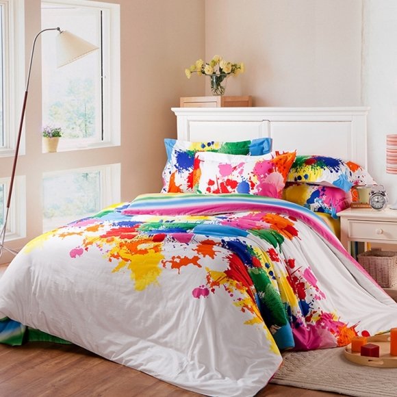 Beautiful Red Green Yellow and Blue Colorful Splatter Paint Trendy Funky Style Unique 100% Cotton Queen Size Bedding Sets