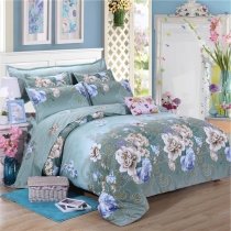 Cadet Gray Blue and White Vintage Floral Print French Country Chic 100% Egyptian Cotton Full, Queen Size Bedding Sets
