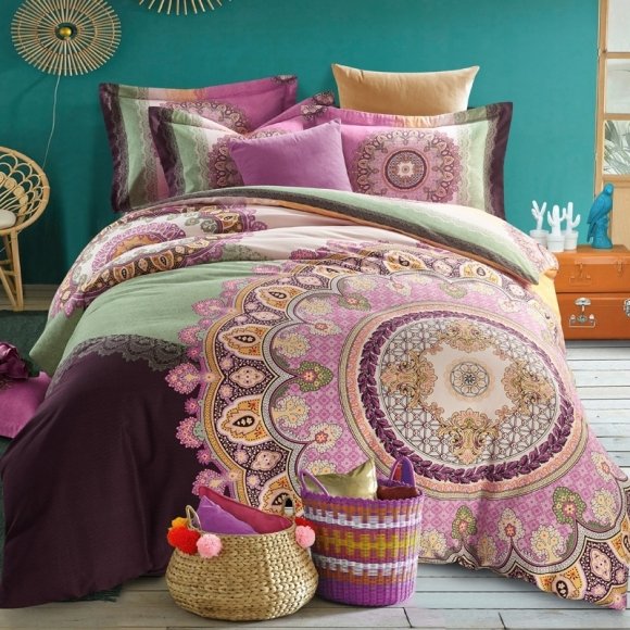 Purple Gold and Mint Green Mandala Print Bohemian Gypsy Style Southwestern 100% Brushed Cotton Full, Queen Size Bedding Sets