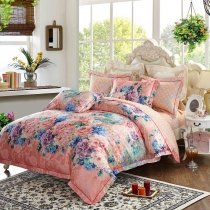 Pastel Sapphire Blue Teal Purple and Coral Pink Colorful Garden Floral Print Country Chic Full, Queen Size Bedding Sets