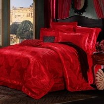 Solid Red Romantic Rose Pattern Sequin Jacquard Satin Luxury Full, Queen Size Bedding Sets