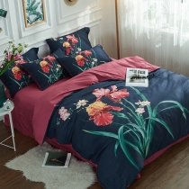 Beautiful Dark Blue Burgundy and Teal Lily Flower Print Vintage Rustic Chic Asian Inspired Full, Queen Size Bedding Sets