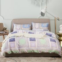 Bohemian Style Mint Green Gold White and Royal Blue Patchwork Plaid Medallion Tribal Print Vintage Chic Full, Queen Size Bedding Sets