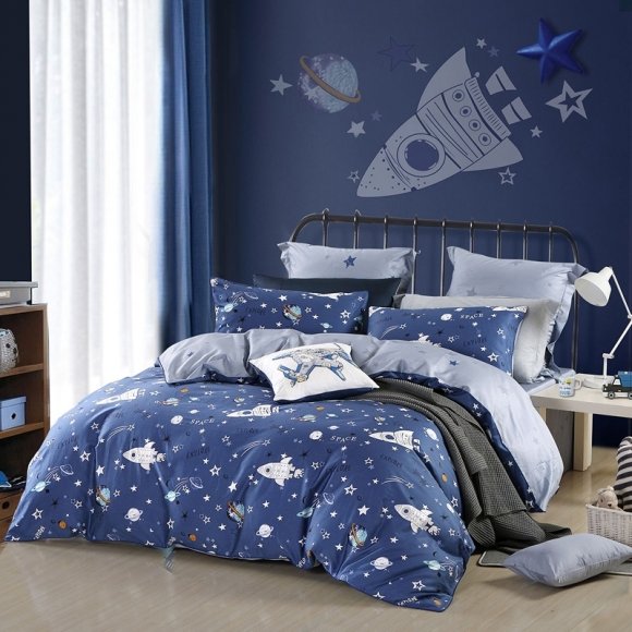 Navy Blue and White Rocket Star Planet Nebula Print Outer Space Galaxy Themed Twin, Full, Queen Size Bedding Sets