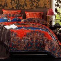 Orange Red Brown and Peacock Blue Vintage Bohemian Style Western Floral and Tribal Print Adults Full, Queen Size Cotton Bedding Sets