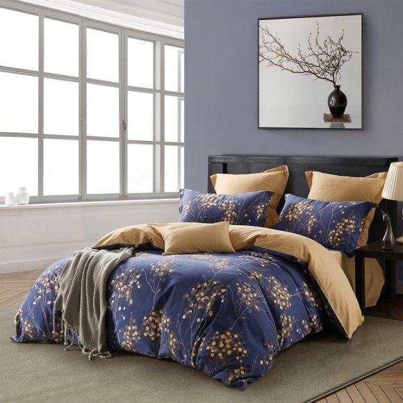 Sparkle Gold and Deep Blue Tree Branch Print Vintage Botanical Twin, Full, Queen Size Bedding Sets
