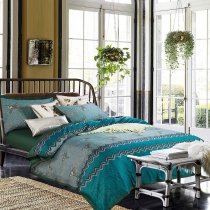 Luxury Dark Teal and Gray Aztec Stripe and Hummingbird Print Full, Queen Size Bedding Sets