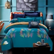 Beautiful Teal and Neon Colorful Feather Print Unique and Fancy Full, Queen Size Bedding Sets