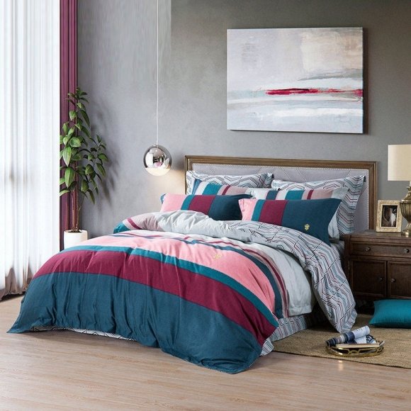 Simply Dark Teal Burgundy Red Pink and White Rugby Stripe Print Masculine Full, Queen Size Bedding Sets