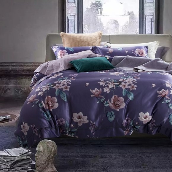 Dark Purple Pink and Green Botanical Garden Floral and Butterfly Print Rustic Chic Feminine Full, Queen Size Bedding Sets