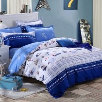 Cool Boys Deep Blue and White Boat and Striped Print Nautical Style Full Size Bedding Sets