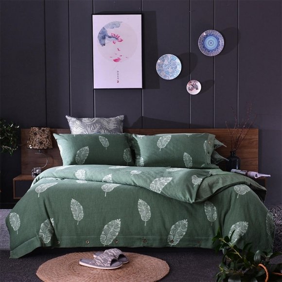 Olive Green Leaf Print Cool Style Full, Queen Size Bedding Sets for Teenage