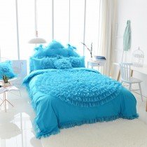 Noble Excellence Peacock Blue Rosette Pattern Waterfall Ruffle Design Feminine Feel Sophisticated Elegant Twin, Full, Queen Size Bedding Sets