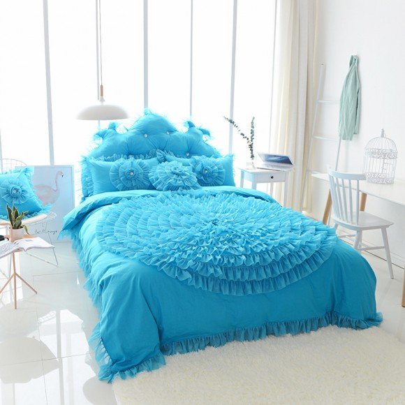 Noble Excellence Peacock Blue Rosette Pattern Waterfall Ruffle Design Feminine Feel Sophisticated Elegant Twin, Full, Queen Size Bedding Sets
