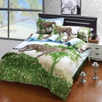 Lime Green Brown Blue and Off-white Jungle Safari Themed Forest Animal Cheetah Print Kids Boys Full Size Luxury Cotton Bedding Sets