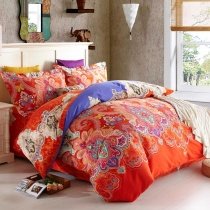 Flame Orange Purple and Royal Blue Bohemian Style Indian Tribal and Pop Western Floral Print Full, Queen Size Luxury Cotton Bedding Sets