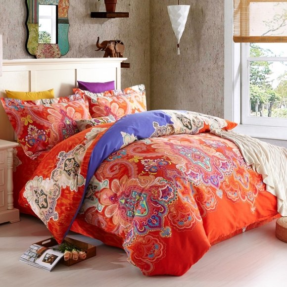 Flame Orange Purple and Royal Blue Bohemian Style Indian Tribal and Pop Western Floral Print Full, Queen Size Luxury Cotton Bedding Sets