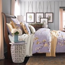 Hipster Lilac Purple and Yellow Oriental Inspired Plum Flower Print Elizabethan Pattern Feminine Full, Queen Size Cotton Bedding Sets