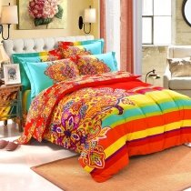 Orange Yellow Purple and Tiffany Blue Pop Western Paisley with Rainbow Stripe and Tribal Print Full, Queen Size Cotton Bedding Sets