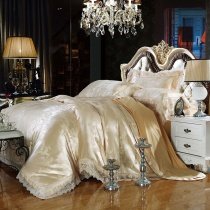 Luxury Solid Gold Rococo Tribal Pattern and Rustic Western Floral Print with Lace Noble Excellence Jacquard Full, Queen Size Bedding Sets