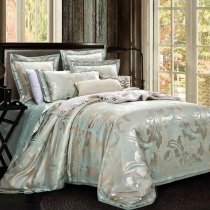 Khaki Brown and Aqua Blue Vintage Rococo Pattern with Western Floral Print Shabby Chic Full, Queen Size Luxury Jacquard Satin Bedding Sets