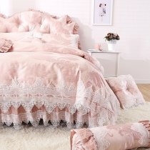 Elegant Girls Pale Pink Vintage Lace Design Gathered Ruffled Cute Style Luxury Cotton Full, Queen Size Bedding Sets