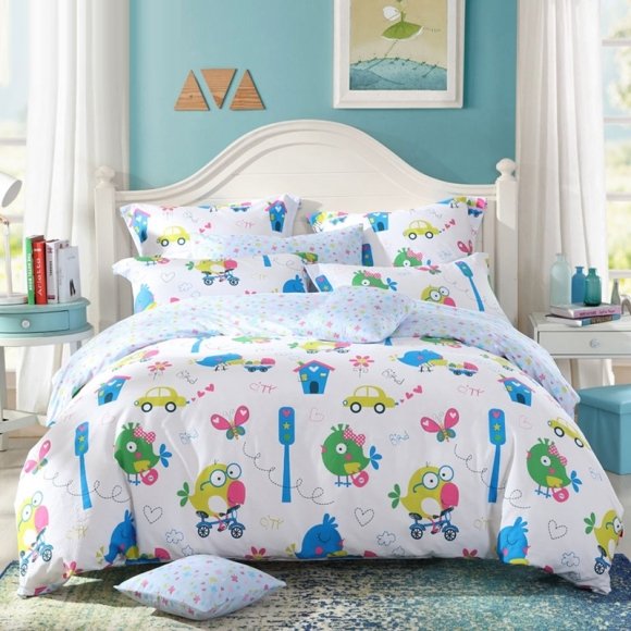 Bright Colorful Bird Print Animal Themed Modern Chic Funky Style 100% Cotton Twin, Full, Queen Size Bedding Sets for Girls and Boys