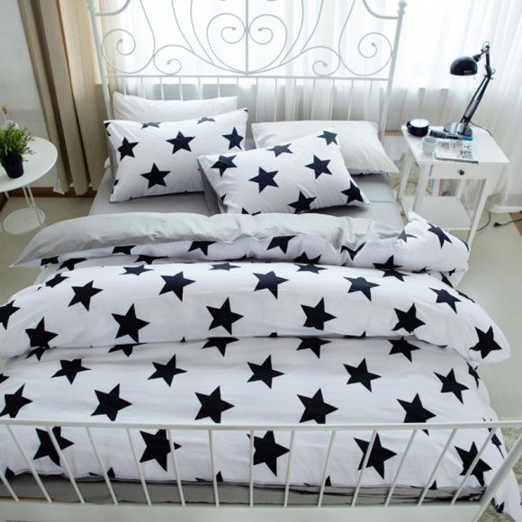 Contemporary Modern Chic Black White and Light Gray Star Print Funky Kids 100% Natural Cotton Twin, Full, Queen Size Bedding Sets