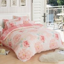 Pastel Coral Pink White and Hunter Green Flower Print Garden Images Elegant Girly Teen Girls 100% Cotton Twin, Full Size Bedding Sets