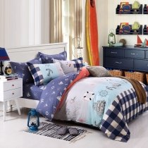 Deep Blue Aqua and Gray Kids Nautical Style Anchor and Boat Print Preppy Style Twin, Full Size Bedding Sets