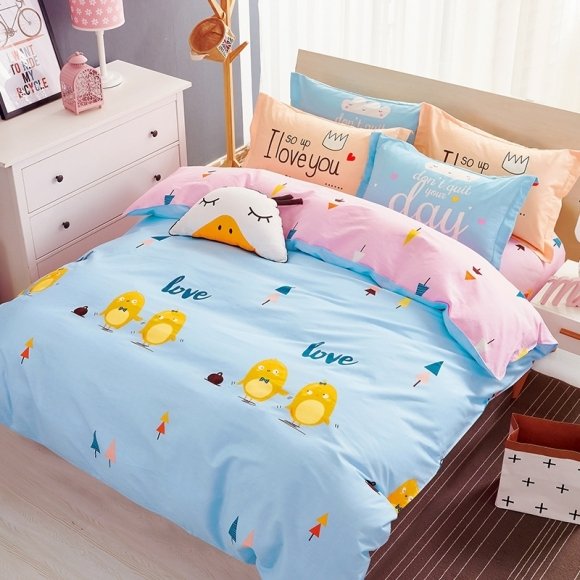 Stylish Light Blue Yellow and Pink Chicken Print Cute Funny Cartoon Themed 100% Cotton Twin, Full Size Bedding Sets for Kids
