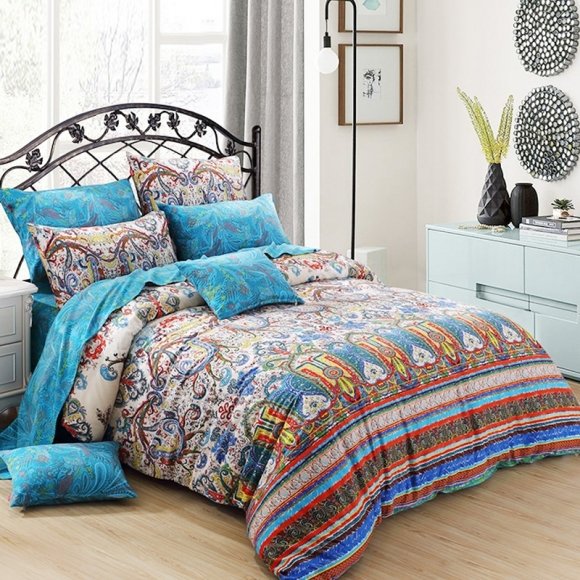 Turquoise Red Yellow and Beige Indian Moroccan Pattern Vintage Bohemian Style 100% Cotton Full, Queen Size Bedding Sets