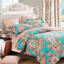 Turquoise Red and Coral Pink Indian Bohemian Exotic Sophisticated Luxury 100% Egyptian Cotton Queen Size Bedding Sets