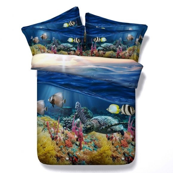 Beautiful Under the Sea World Sea Turtle, Fish and Coral Print Ocean Themed Twin, Full, Queen, King Size Bedding Sets