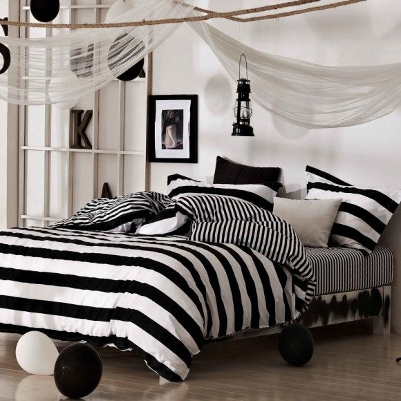 Black and White Rugby Stripe Simply Chic Twin, Full, Queen Size Bedding Sets